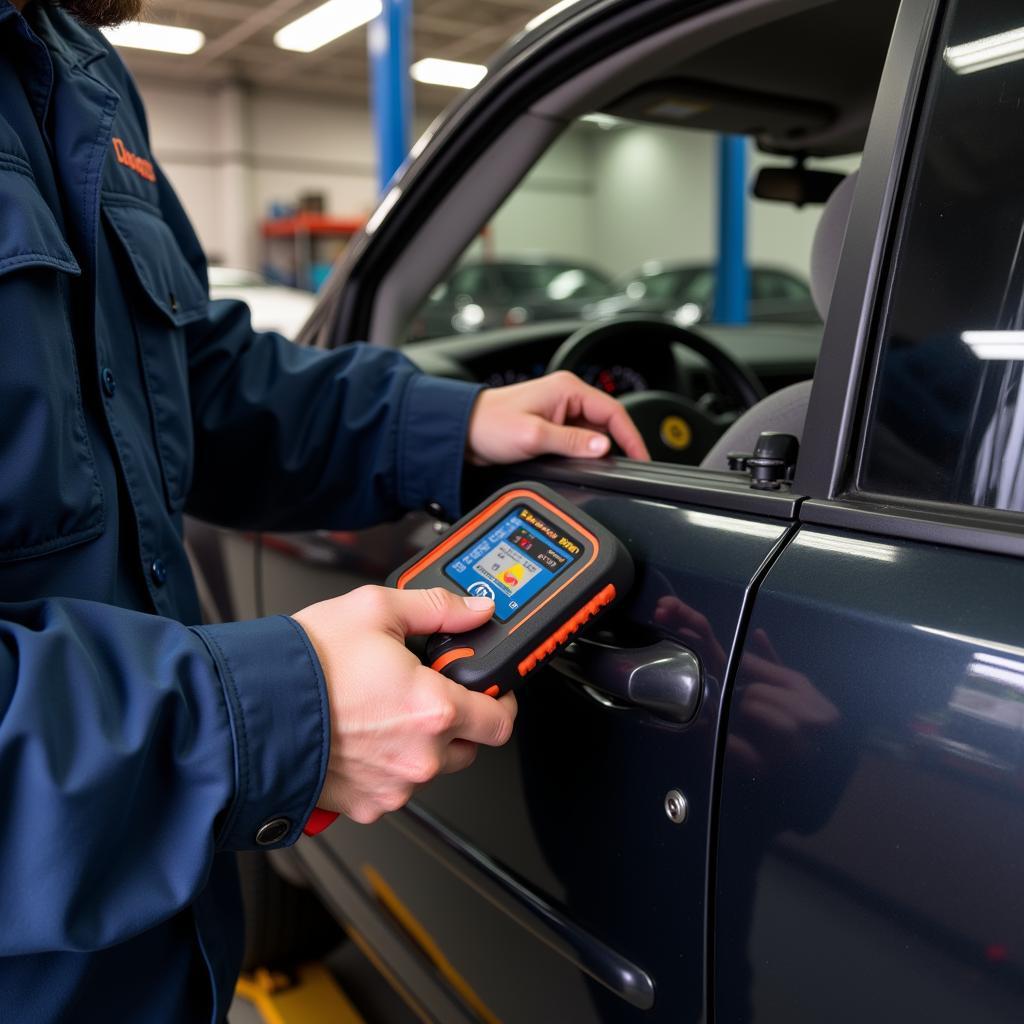 Mechanic Using Diagnostic Tool on Vehicle