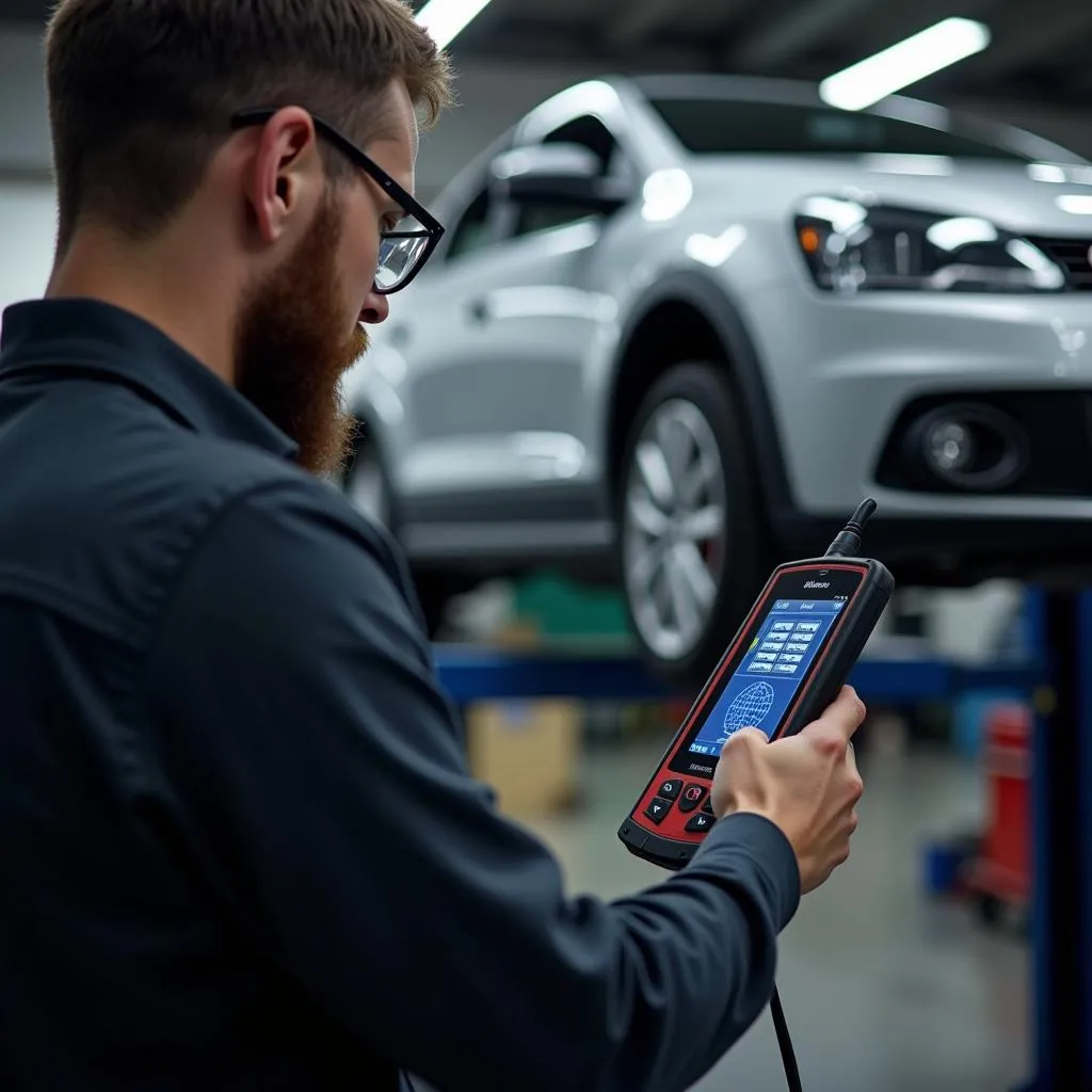 Mechanic using a diagnostics scan tool to diagnose a car in a garage