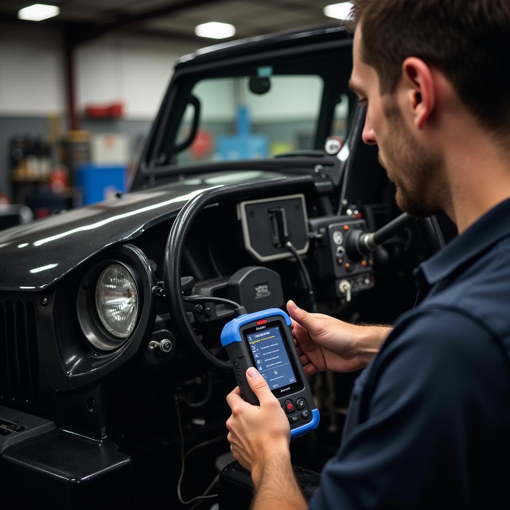 Mechanic Using DRB3 Scan Tool on a Jeep Wrangler