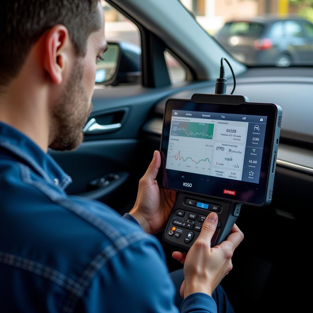 Mechanic Using EV Car Scanner on Electric Car