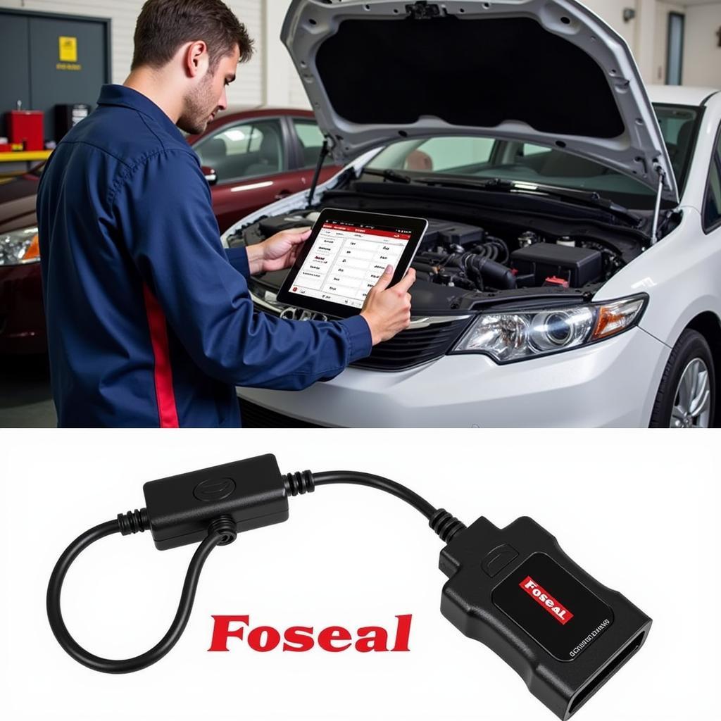 Mechanic Utilizing Foseal Scanner and Tablet for Car Diagnostics