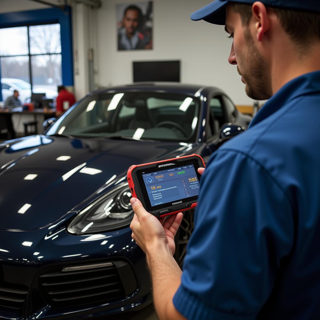 A mechanic using the Foxwell NT530 to diagnose a Porsche in a garage