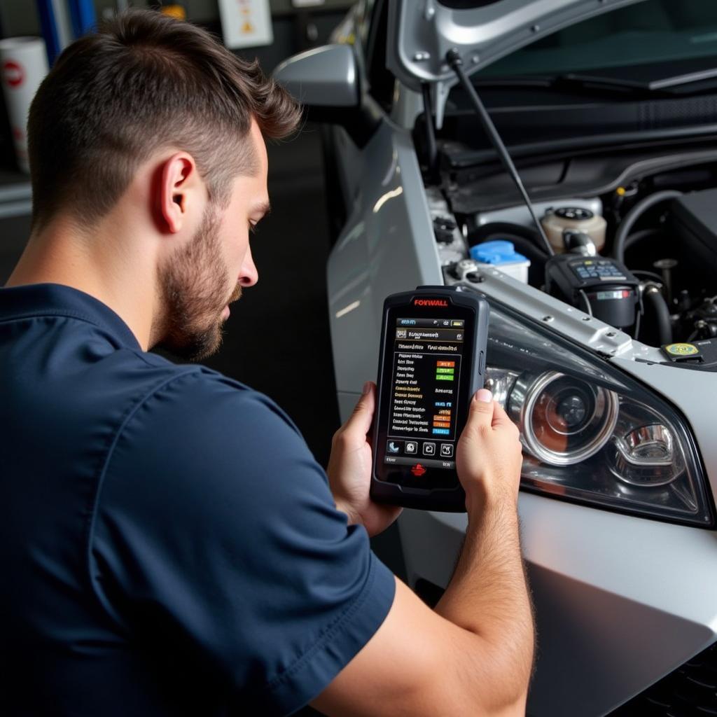 Mechanic Using Foxwell NT624 for Car Diagnostics