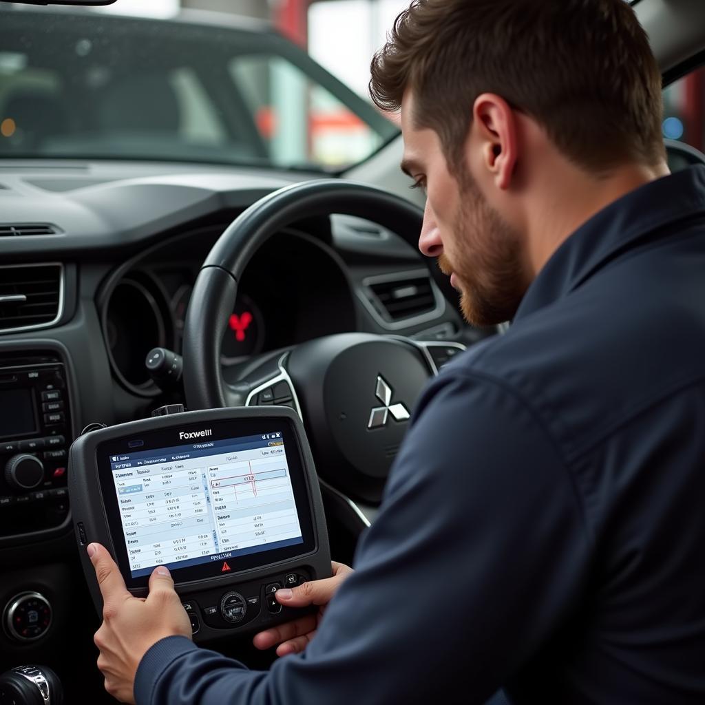 Mechanic using the Foxwell NT624 to diagnose a Mitsubishi transmission