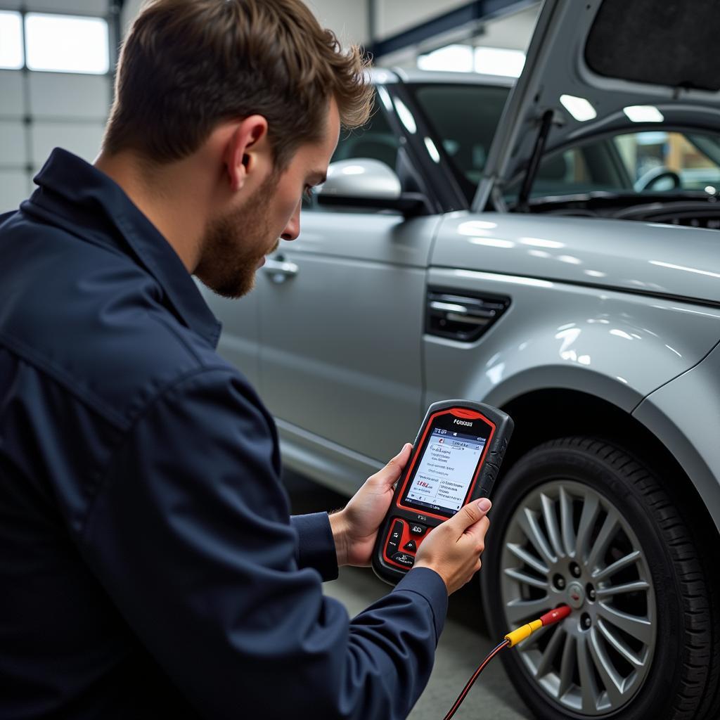 Mechanic Using a Foxwell Scan Tool to Diagnose a Car