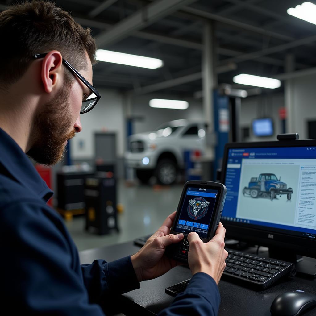 Mechanic using Foxwell scanner in a workshop.