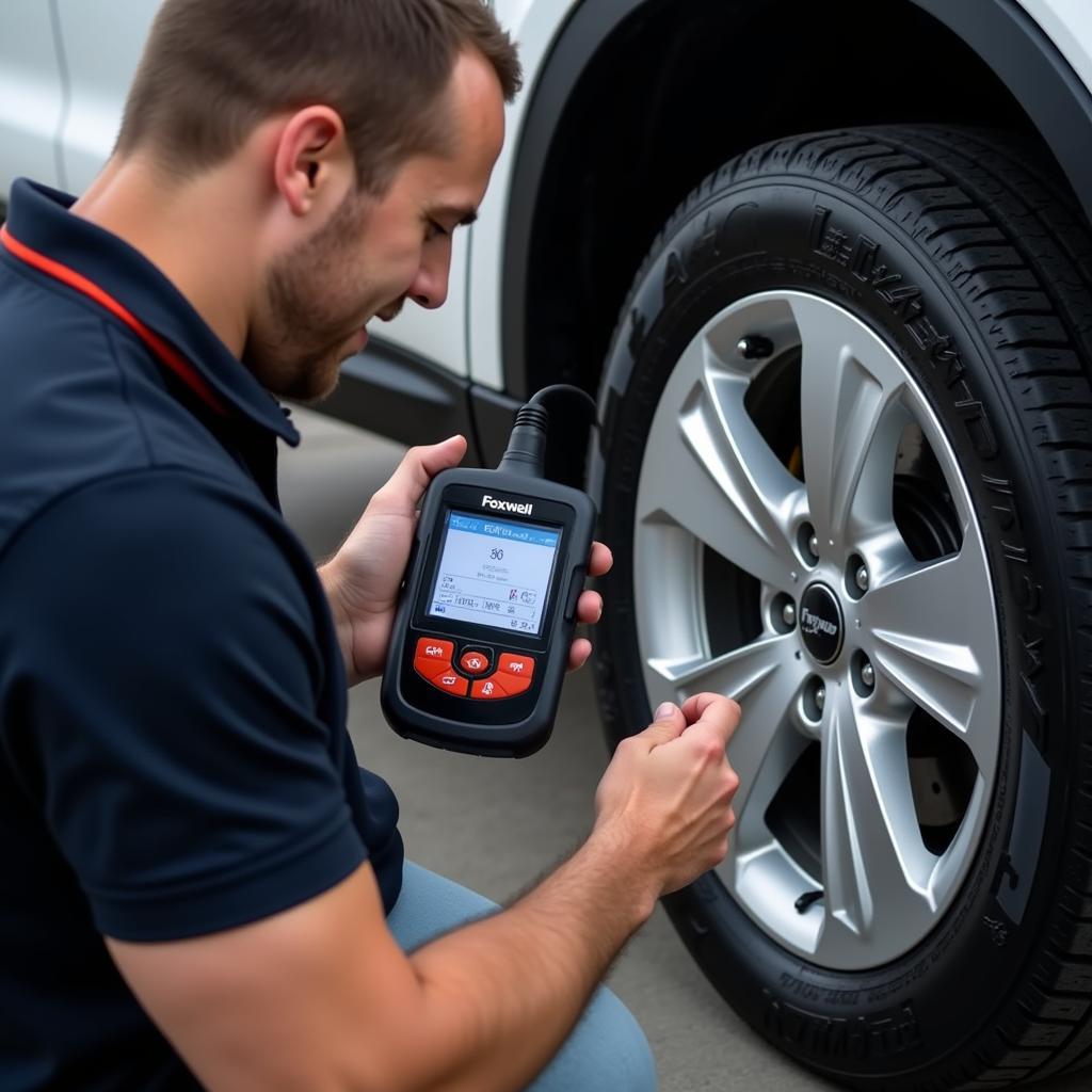 Mechanic using Foxwell scanner for TPMS