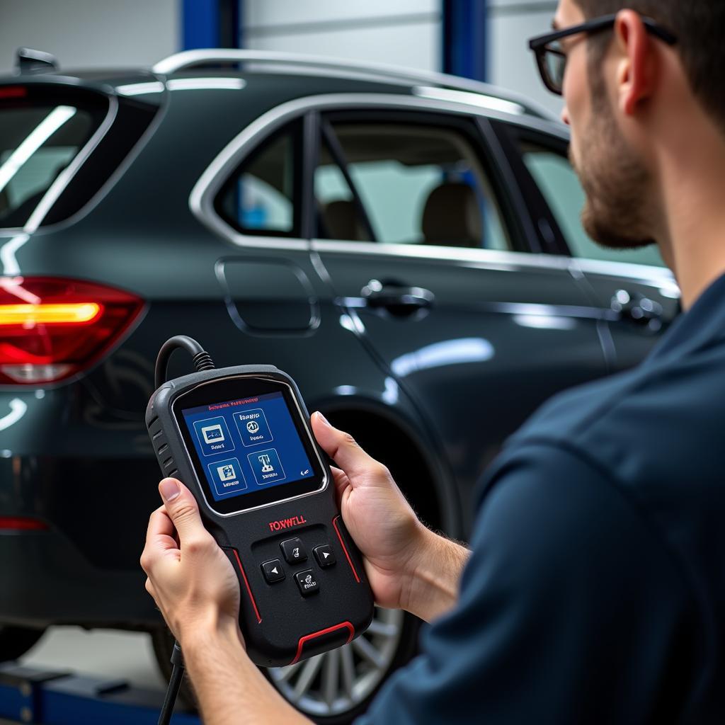 Mechanic Using Foxwell Scanner in Workshop