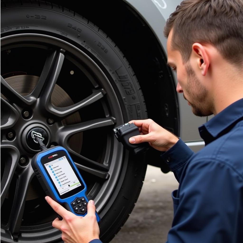 Mechanic Using Foxwell Scanner on Transmission