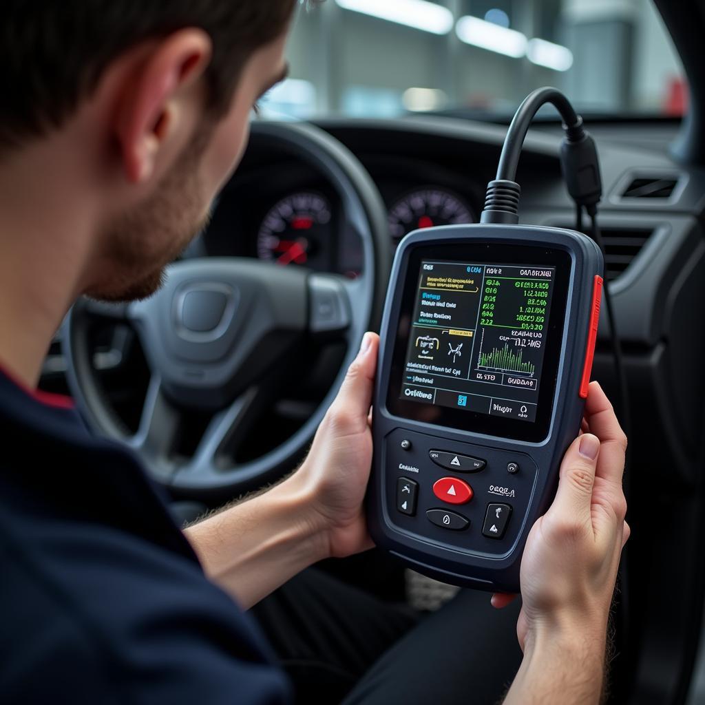 Mechanic Using Genetic Diagnostic Tool on Car