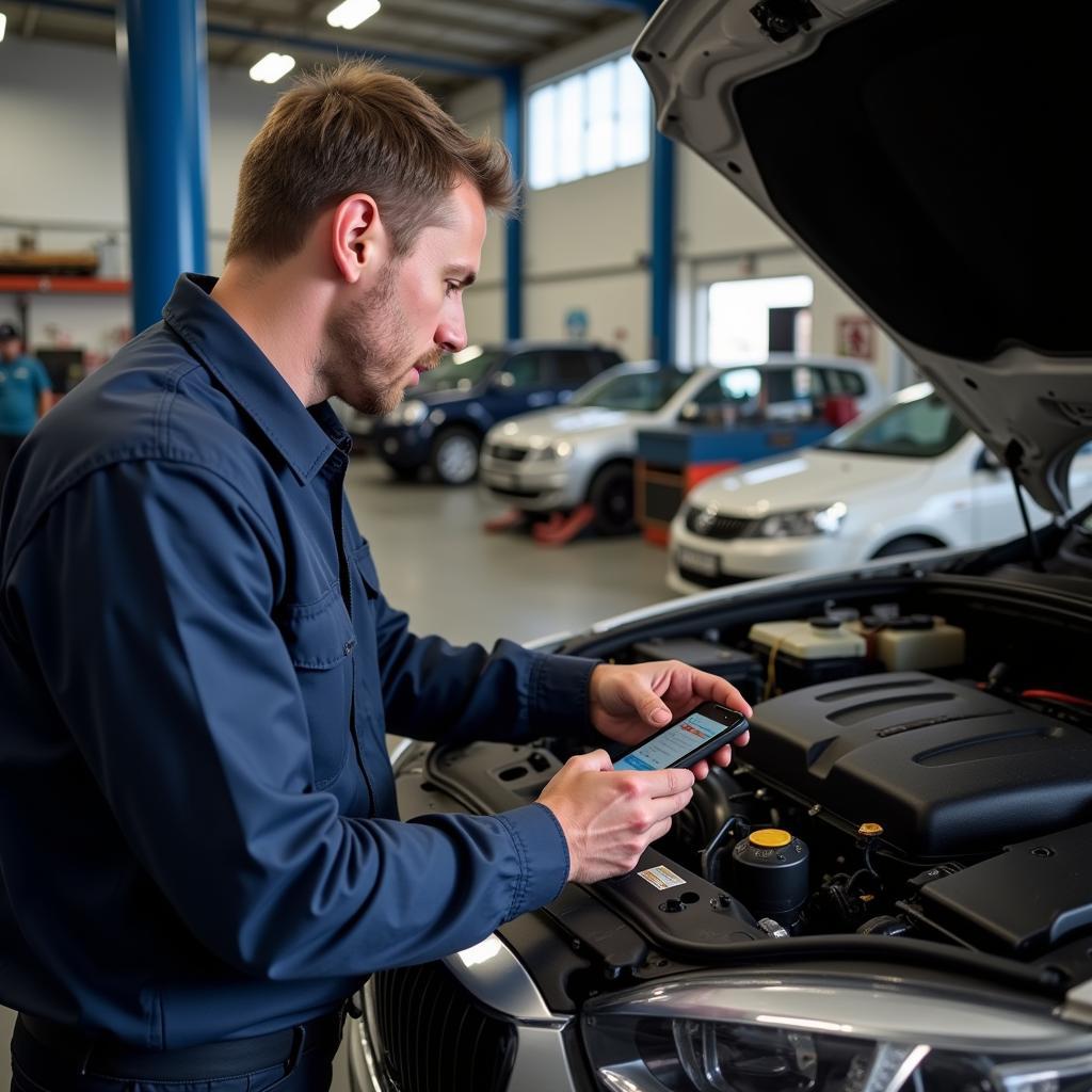 Mechanic Using iPhone Scan Tool in Workshop