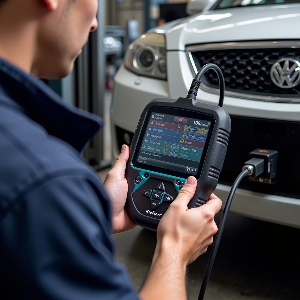 Mechanic using a Klavkarr OBD2 scanner to diagnose a car problem