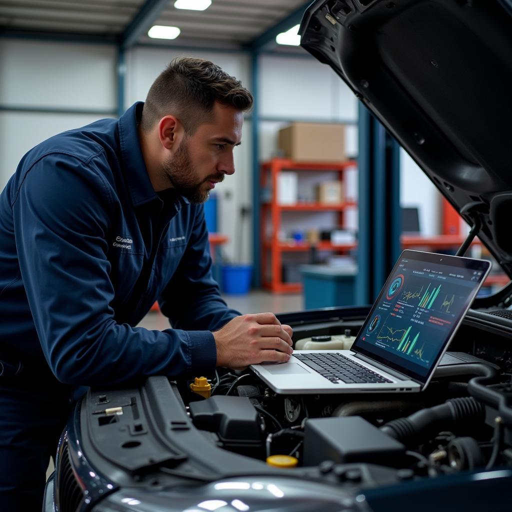 Mechanic Using Laptop Car Scanner Software