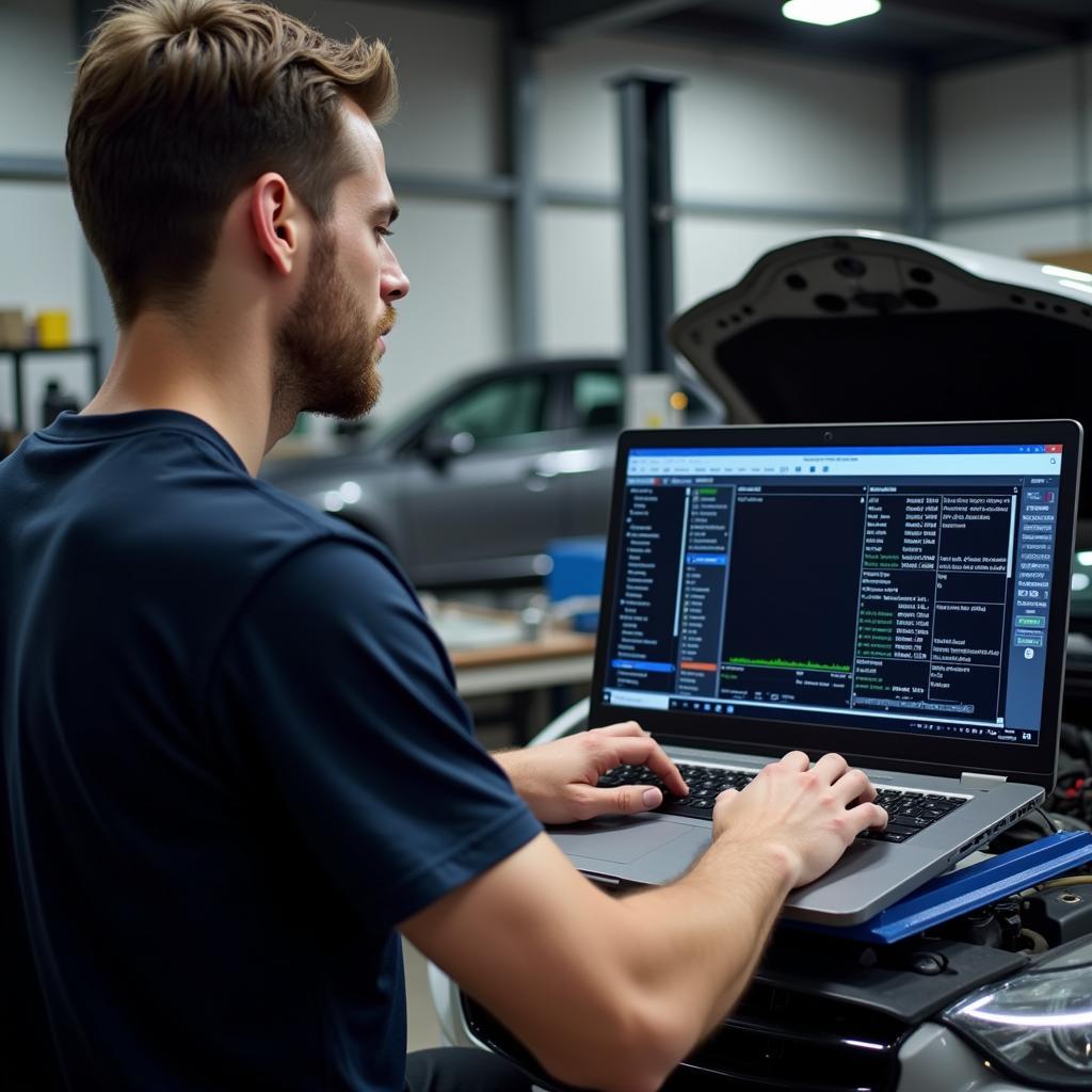 Mechanic Using a Laptop for Car Diagnostics