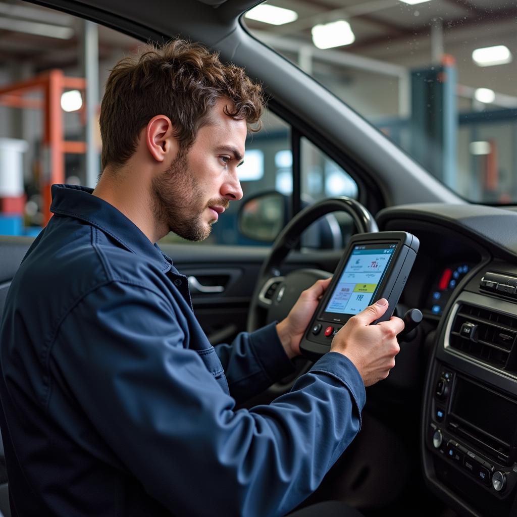 Mechanic Diagnosing Car Problem Using a Motor Scan Tool in a Garage