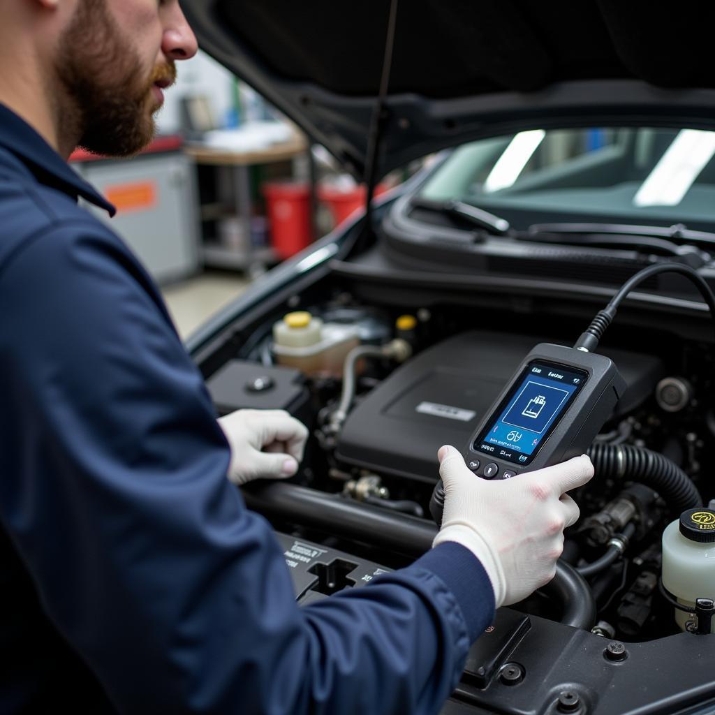 Mechanic diagnosing a car using an OBD2 scanner