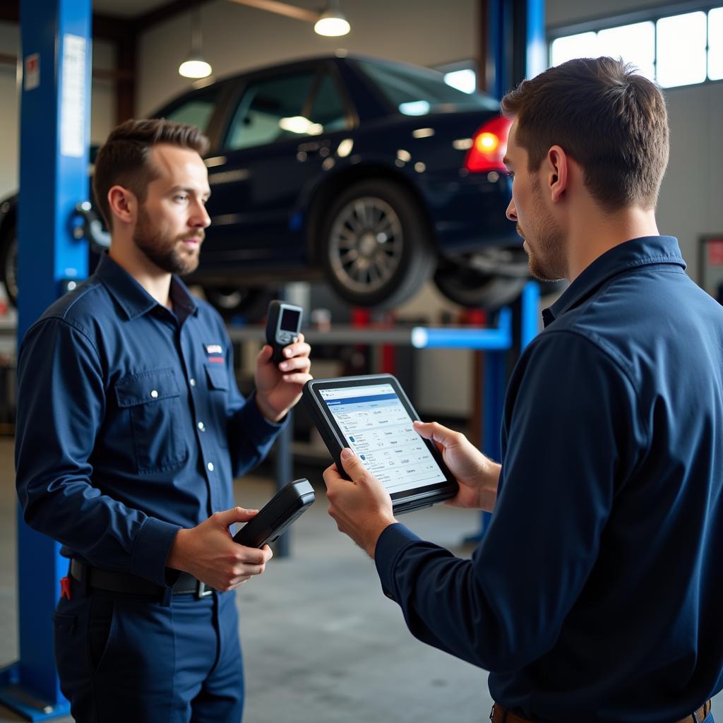 Mechanic diagnosing car with OBD2 scanner