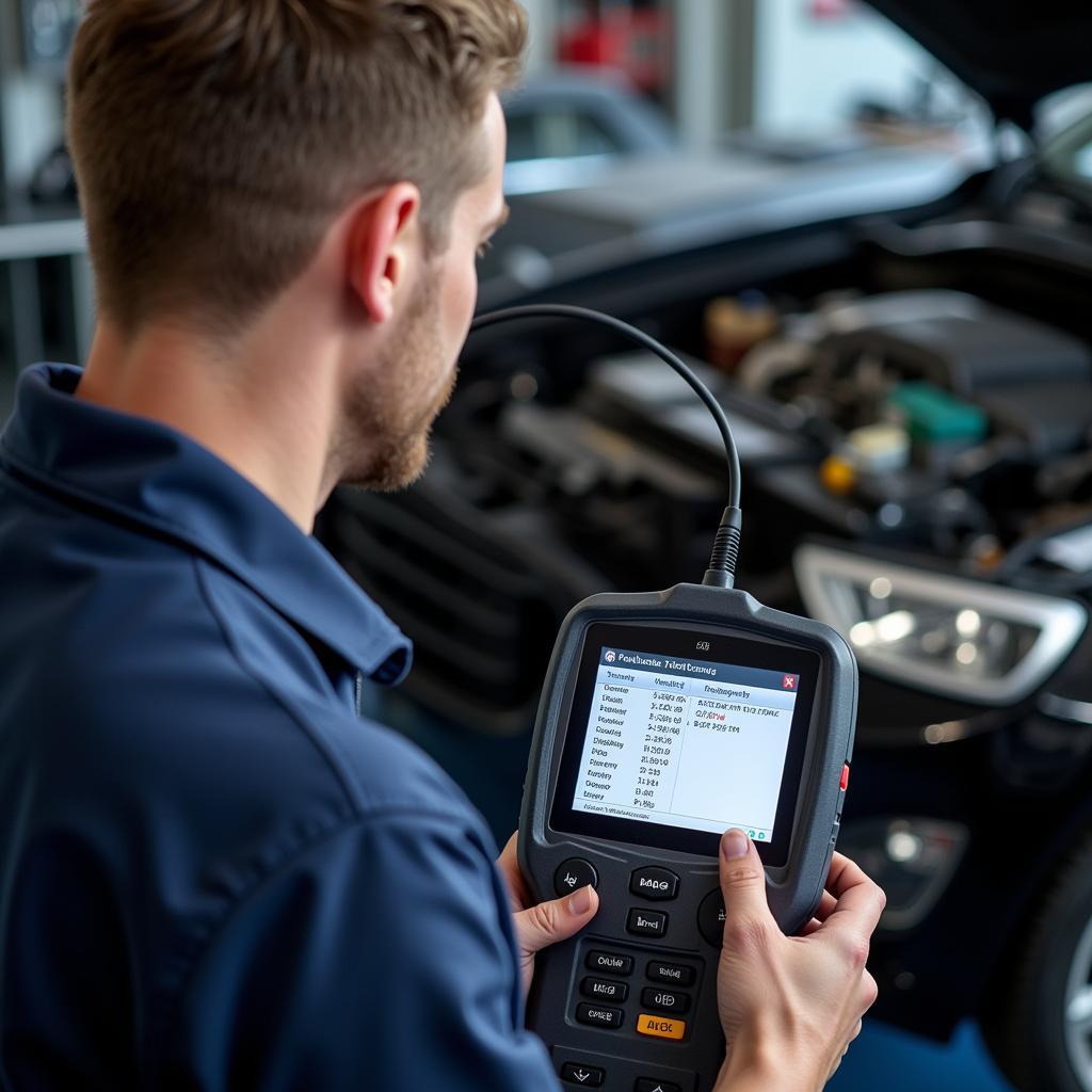 Mechanic using OBD2 scanner in a workshop