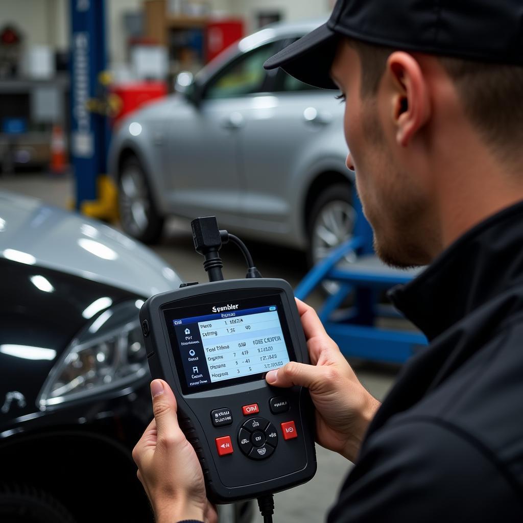 Mechanic Using OEM Scan Tool on Car