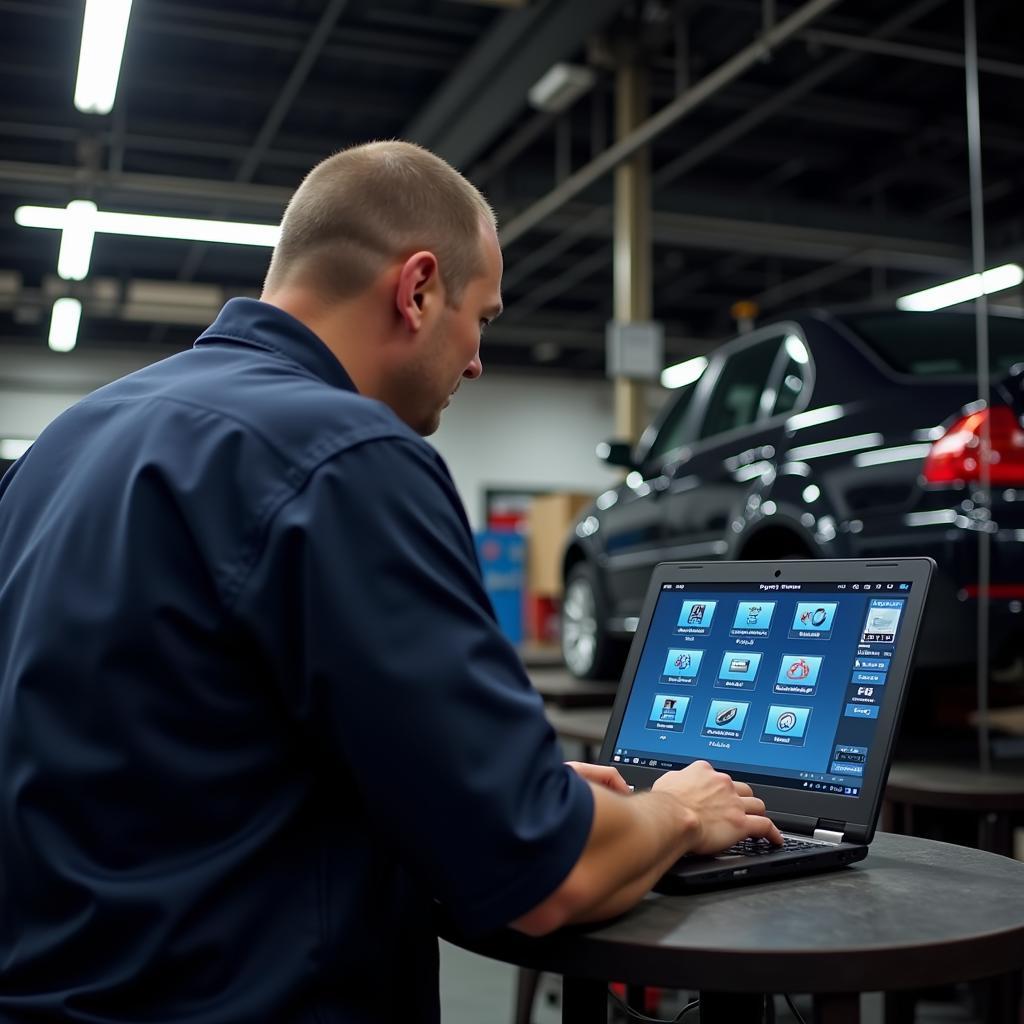 Mechanic Using PC Diagnostic Tool in Garage