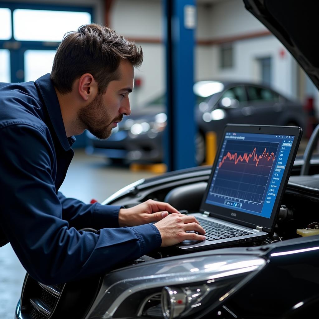 Mechanic diagnosing a car problem with a pc based scan tool