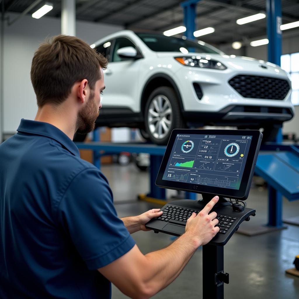 Mechanic Using Professional Car Scanner in a Garage