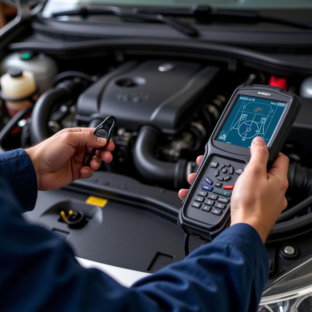 Mechanic diagnosing a car with a scan tool