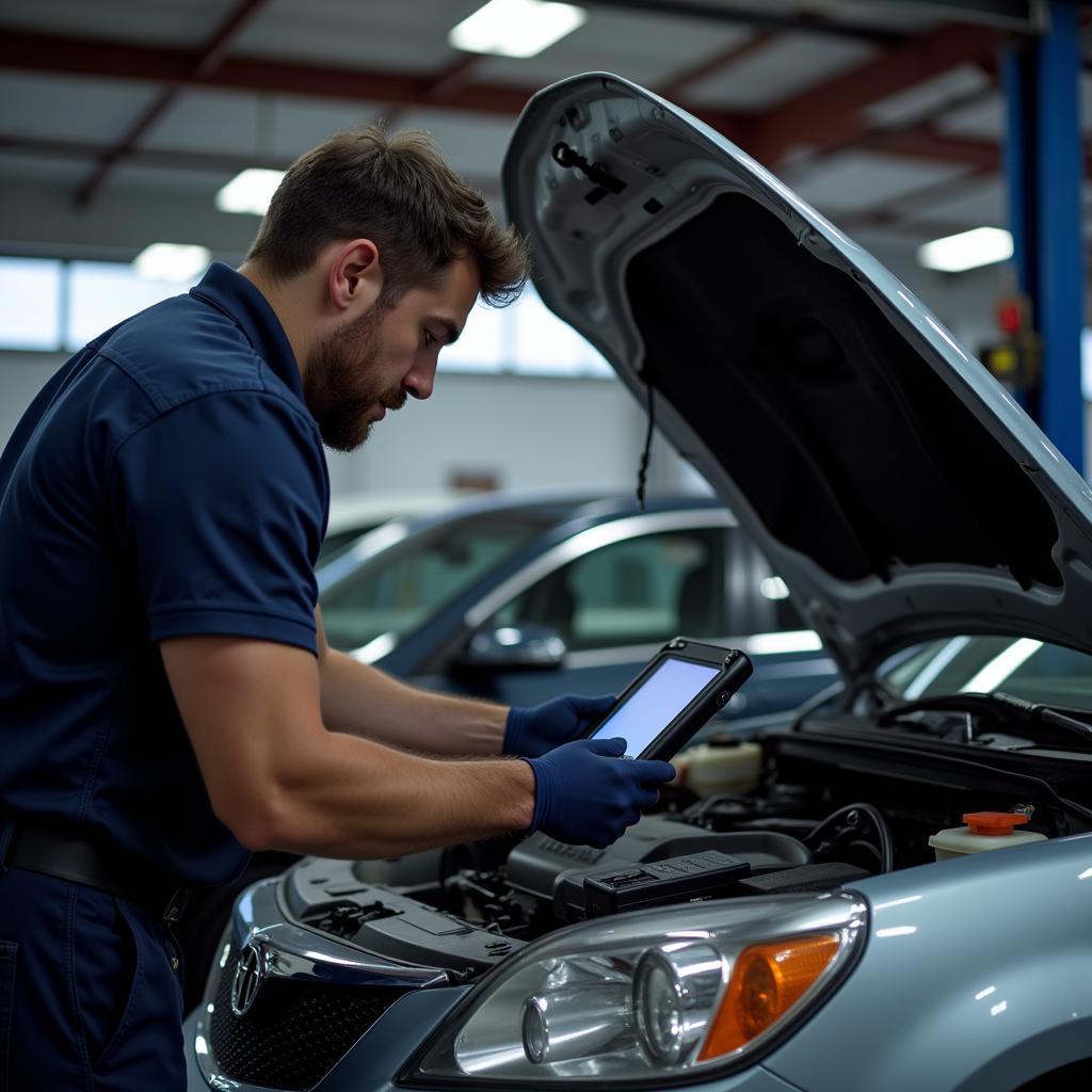 Mechanic Plugging a Scan Tool into a Car's OBD-II port