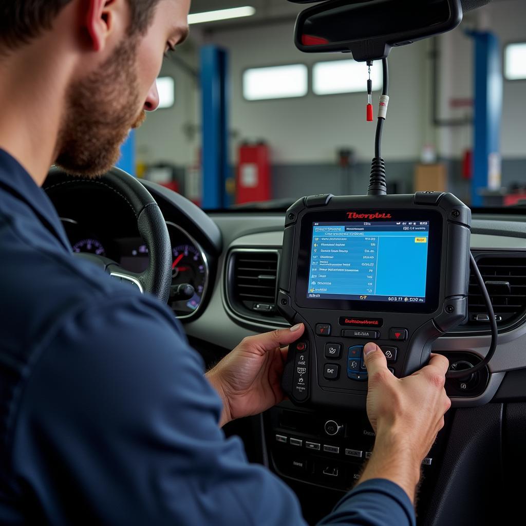 Mechanic Diagnosing Chrysler with Scan Tool