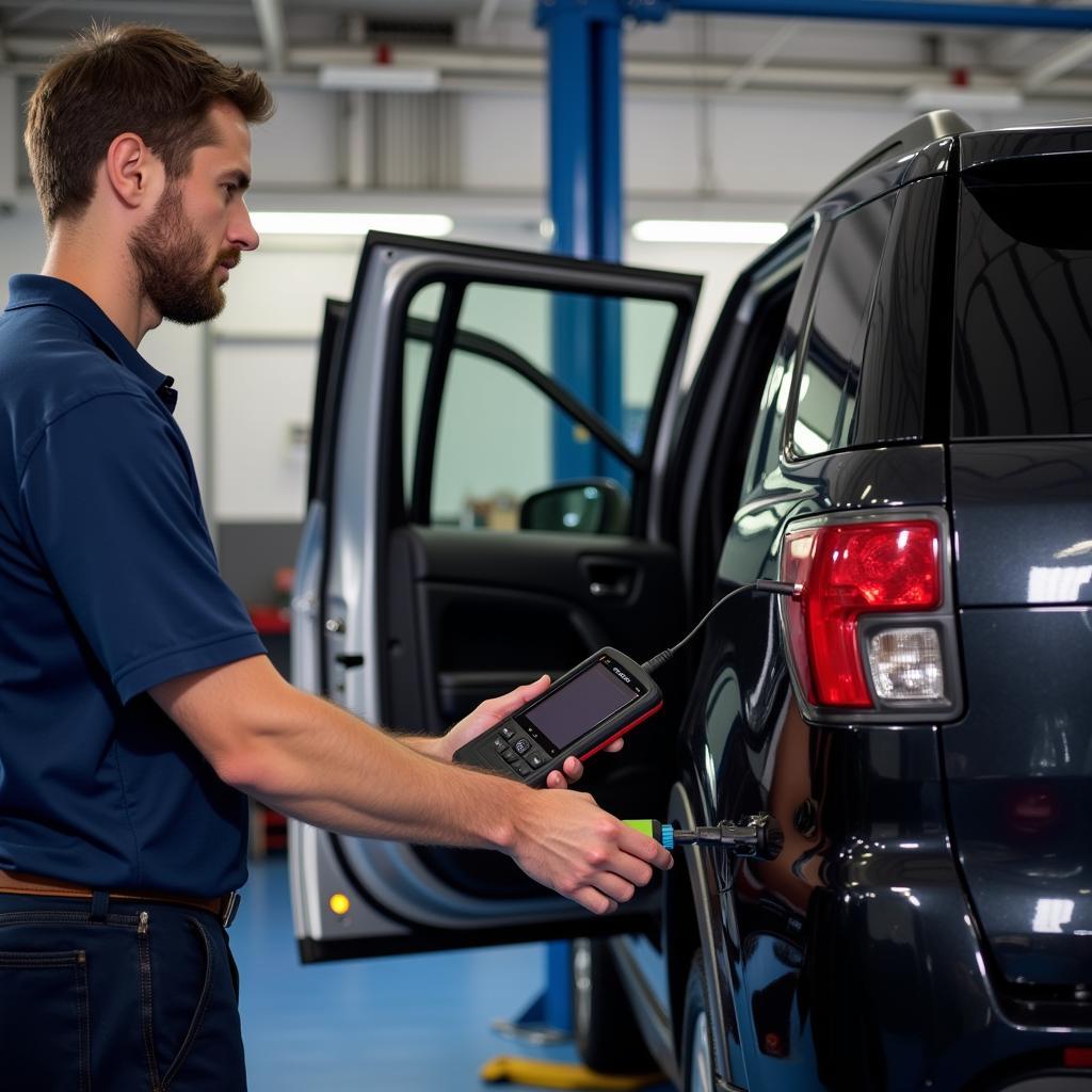 Mechanic using a scan tool on a Ford Explorer