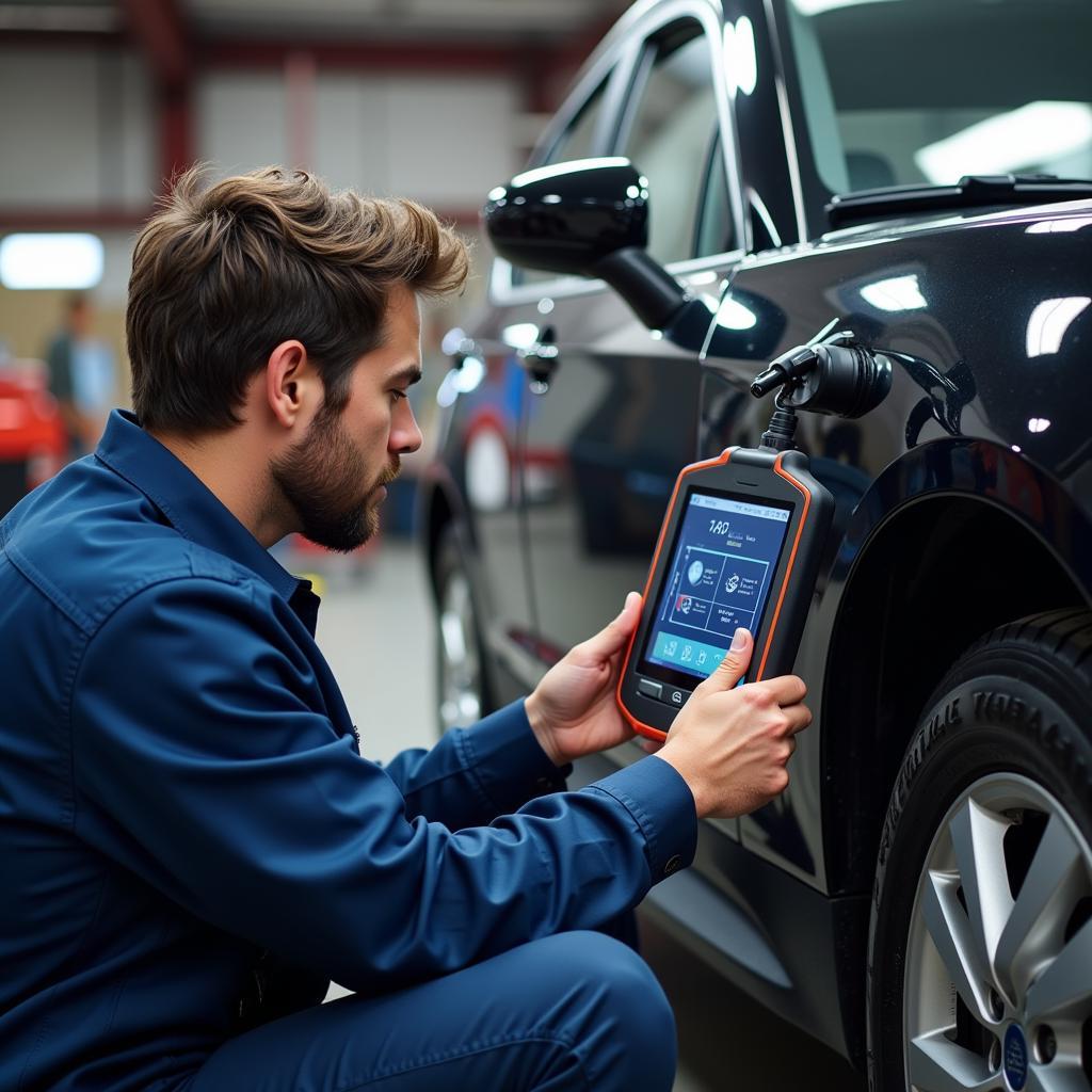 Mechanic Using Scan Tool on Hybrid Vehicle