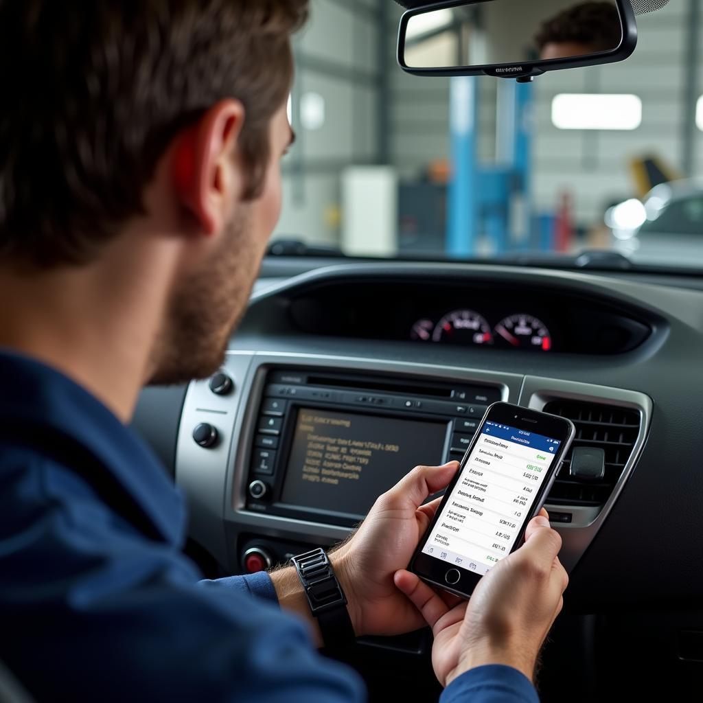 Mechanic Using Bluetooth Scan Tool on Prius