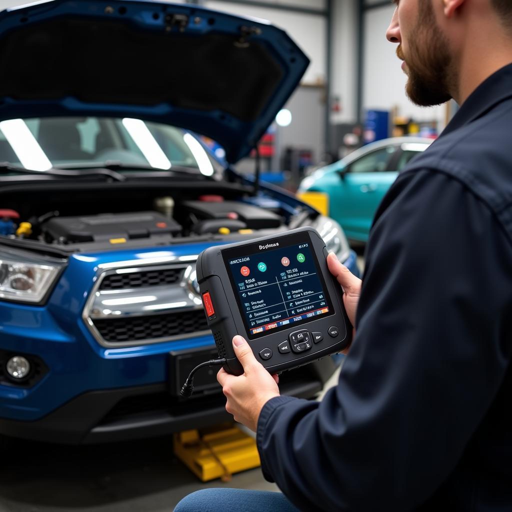 Mechanic Diagnosing Car with Scanner