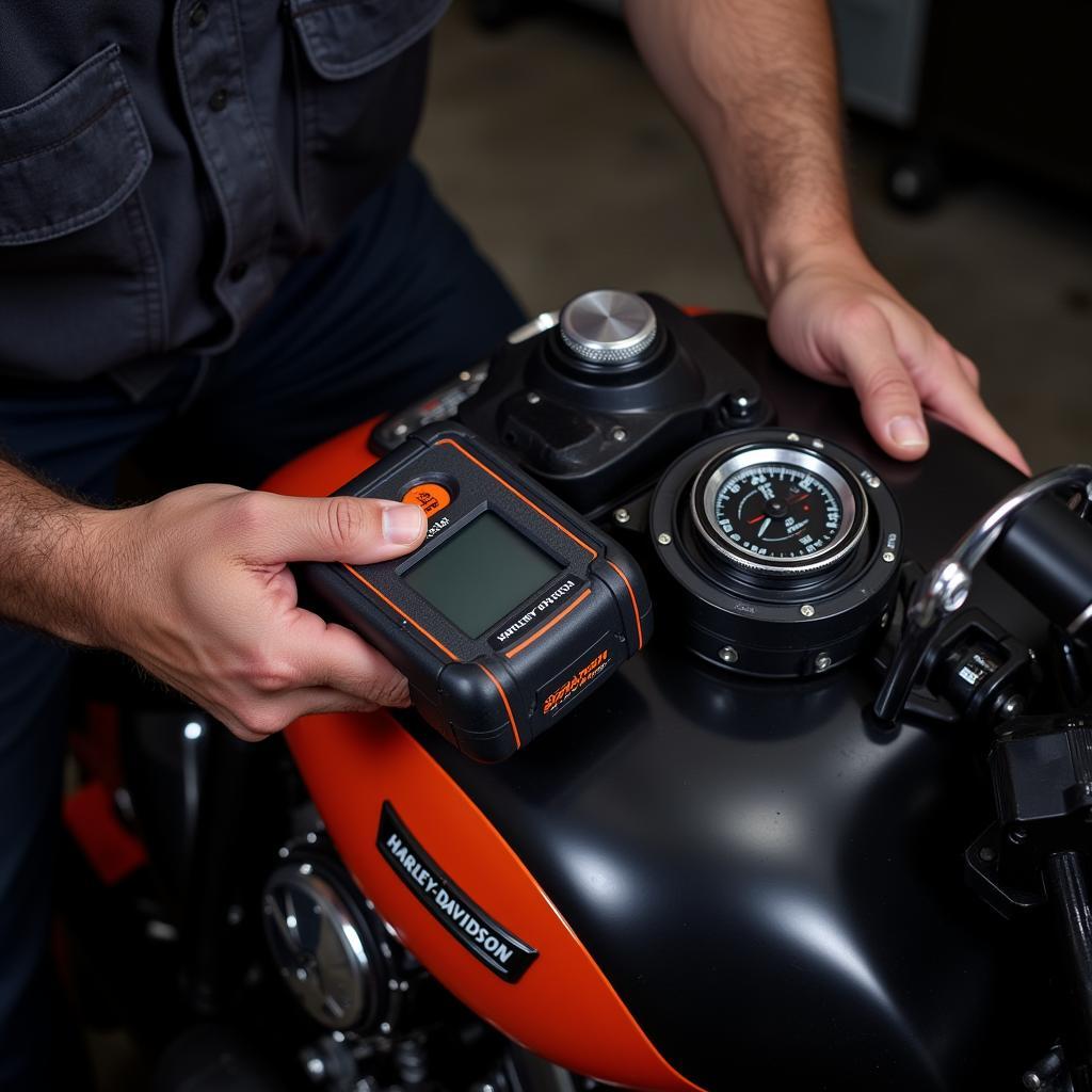 Mechanic Using Snap-on Tool on a Harley-Davidson Motorcycle