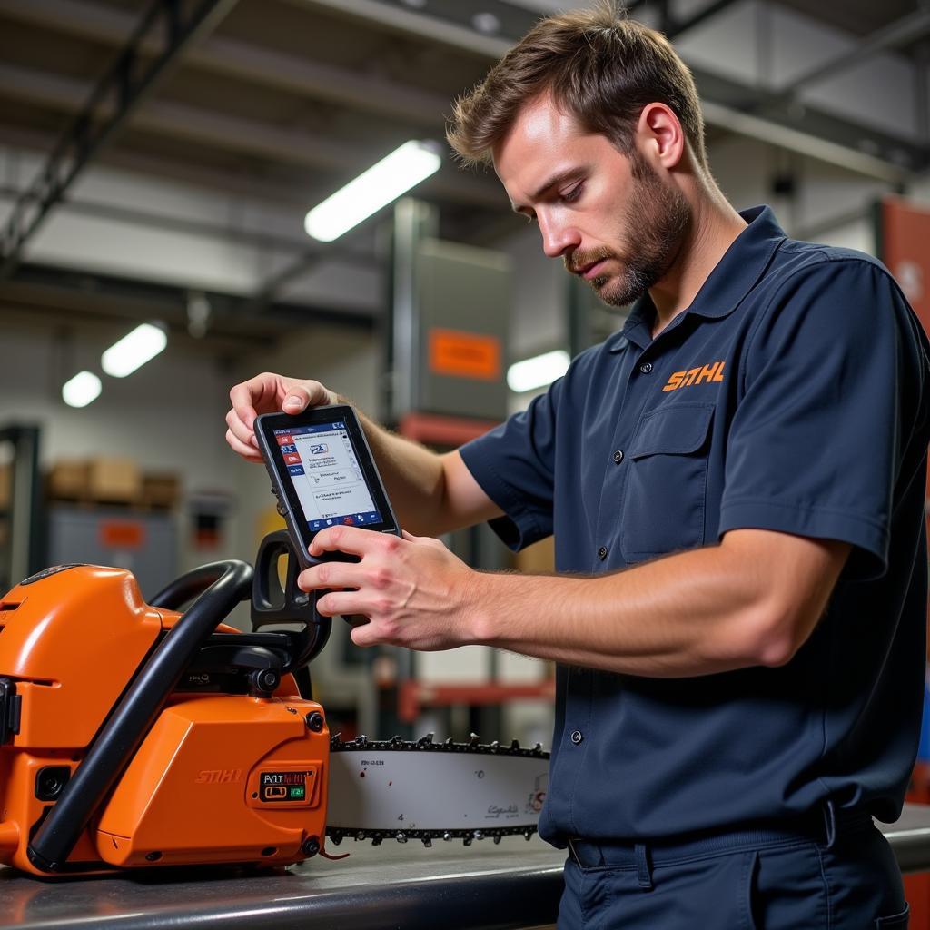 Mechanic Using Stihl MDG 1 on Chainsaw