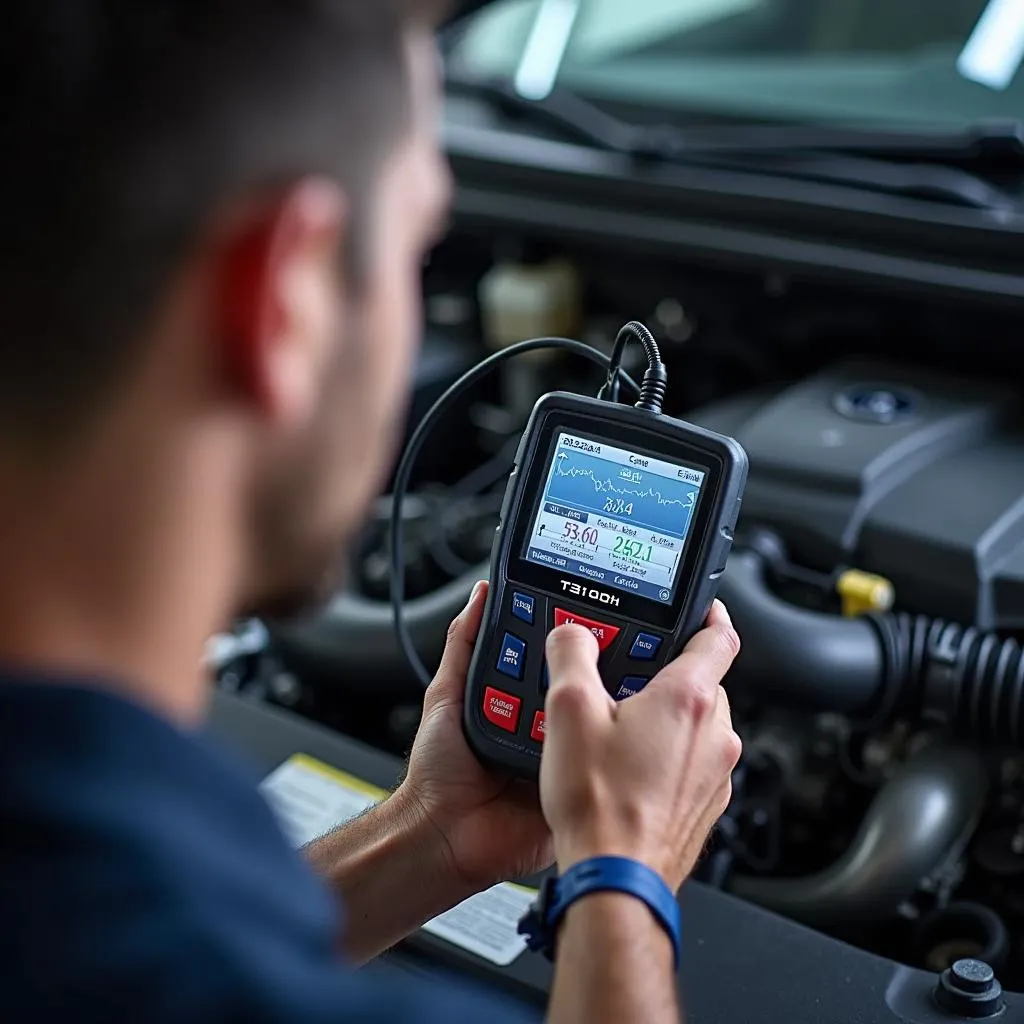 Mechanic Using T31001 Diagnostic Tool for Engine Diagnostics