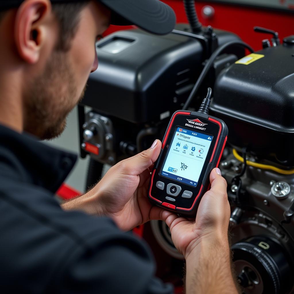 Mechanic using a tiny scan tool for diagnostics