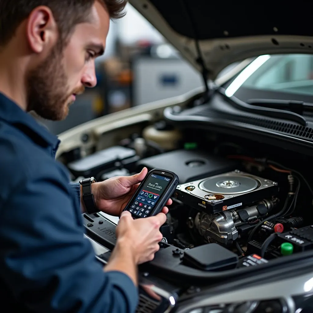 Mechanic Using WD Diagnostic Tool on Vehicle Hard Drive