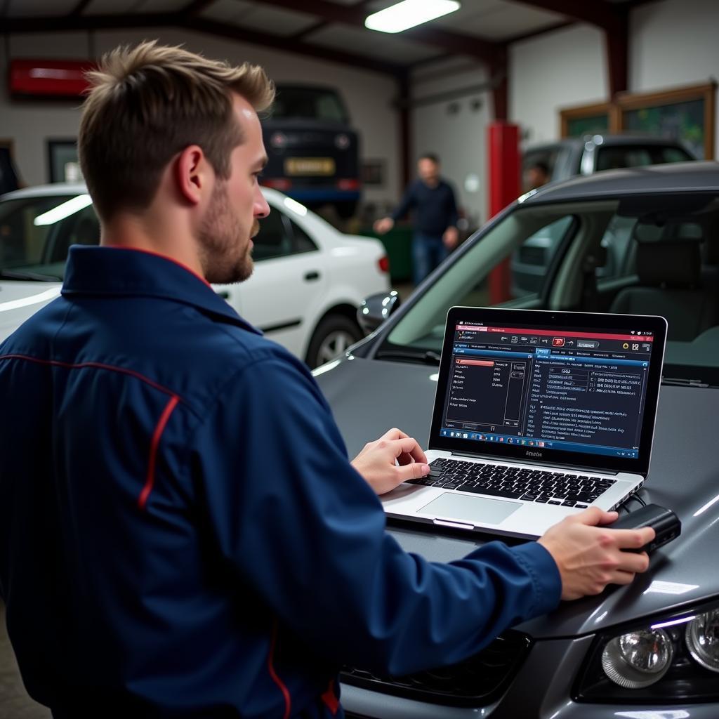 Mechanic Using WiFi Diagnostic Tool