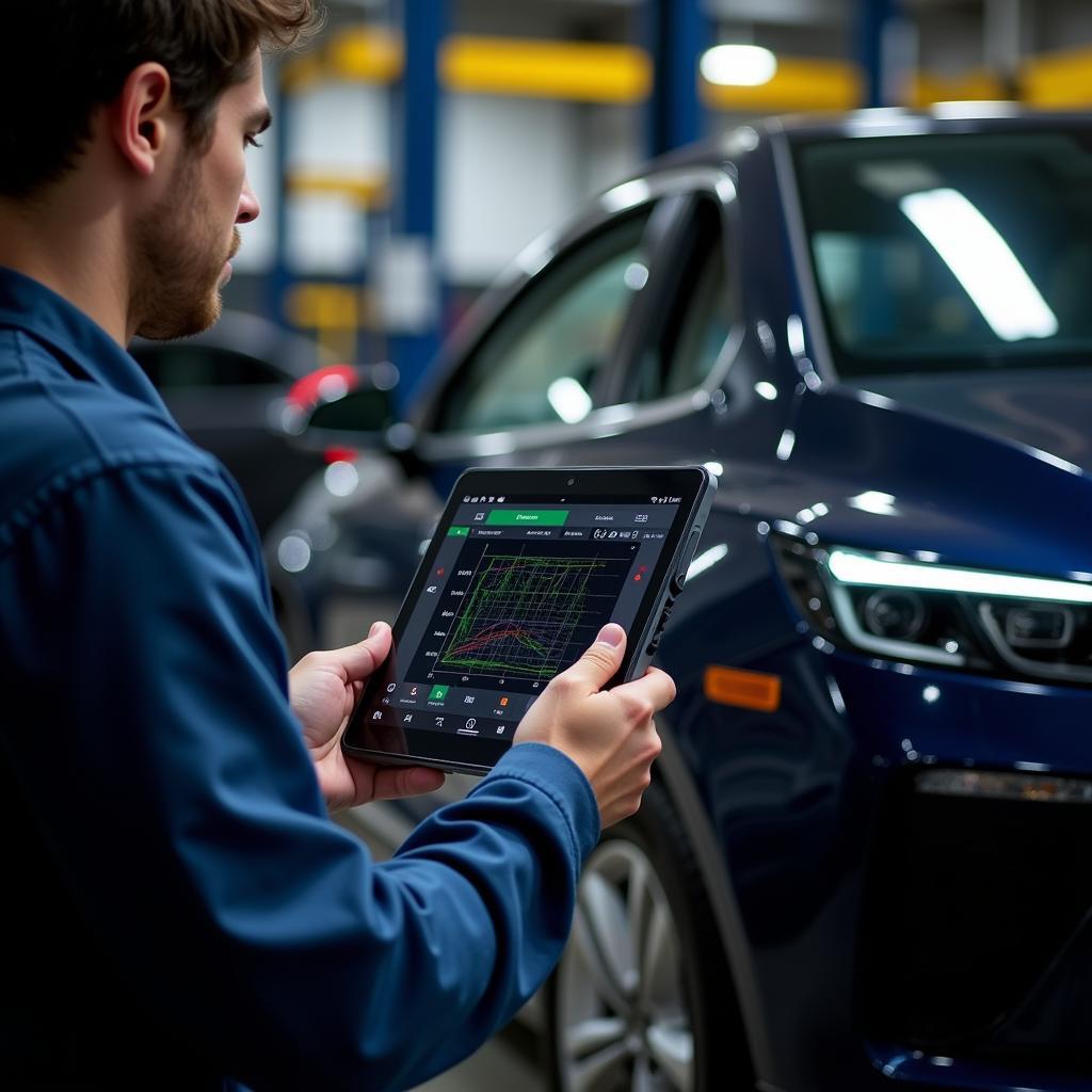 Technician using a wireless car diagnostic tool on an electric vehicle