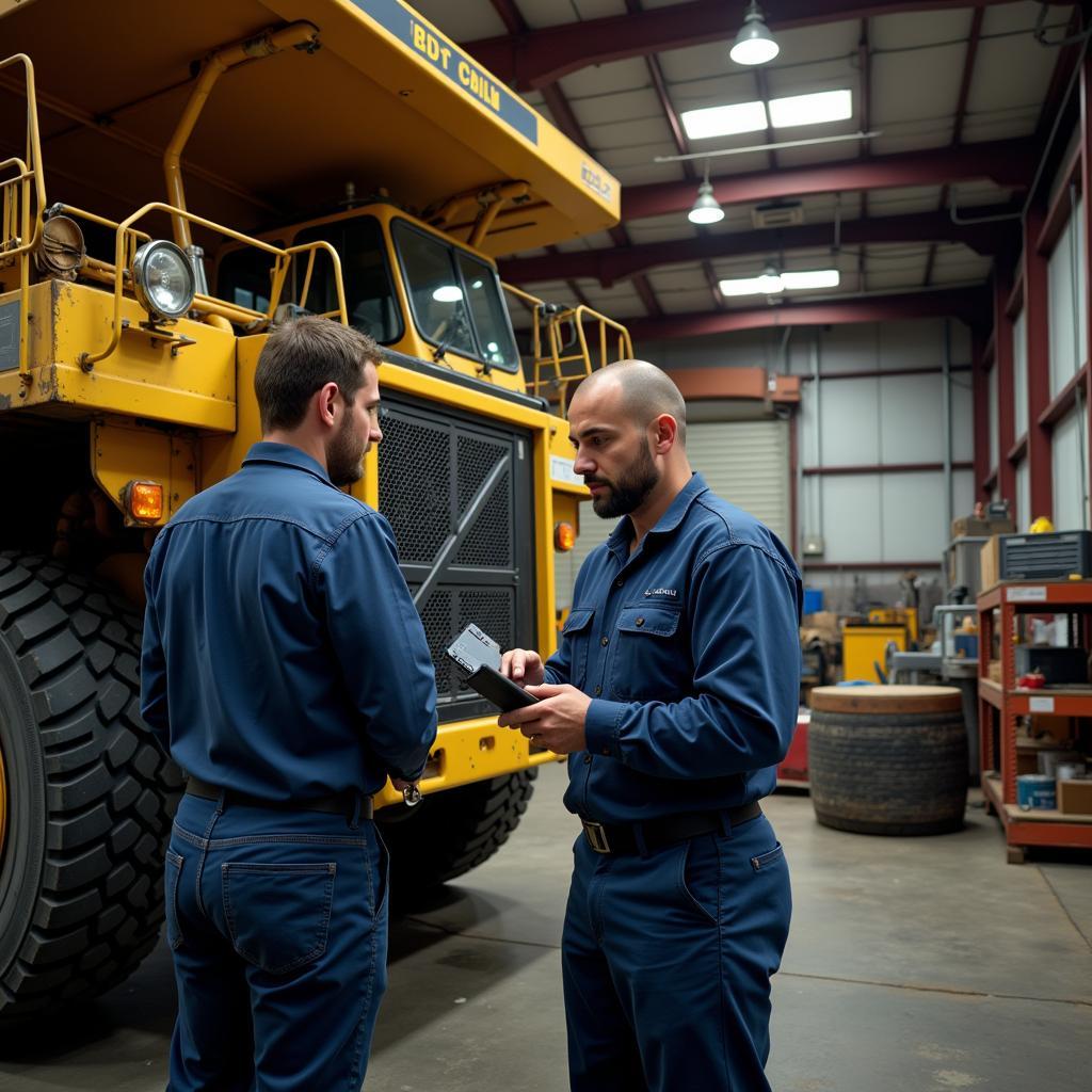 Mechanics Analyzing Off-Highway Truck Diagnostics