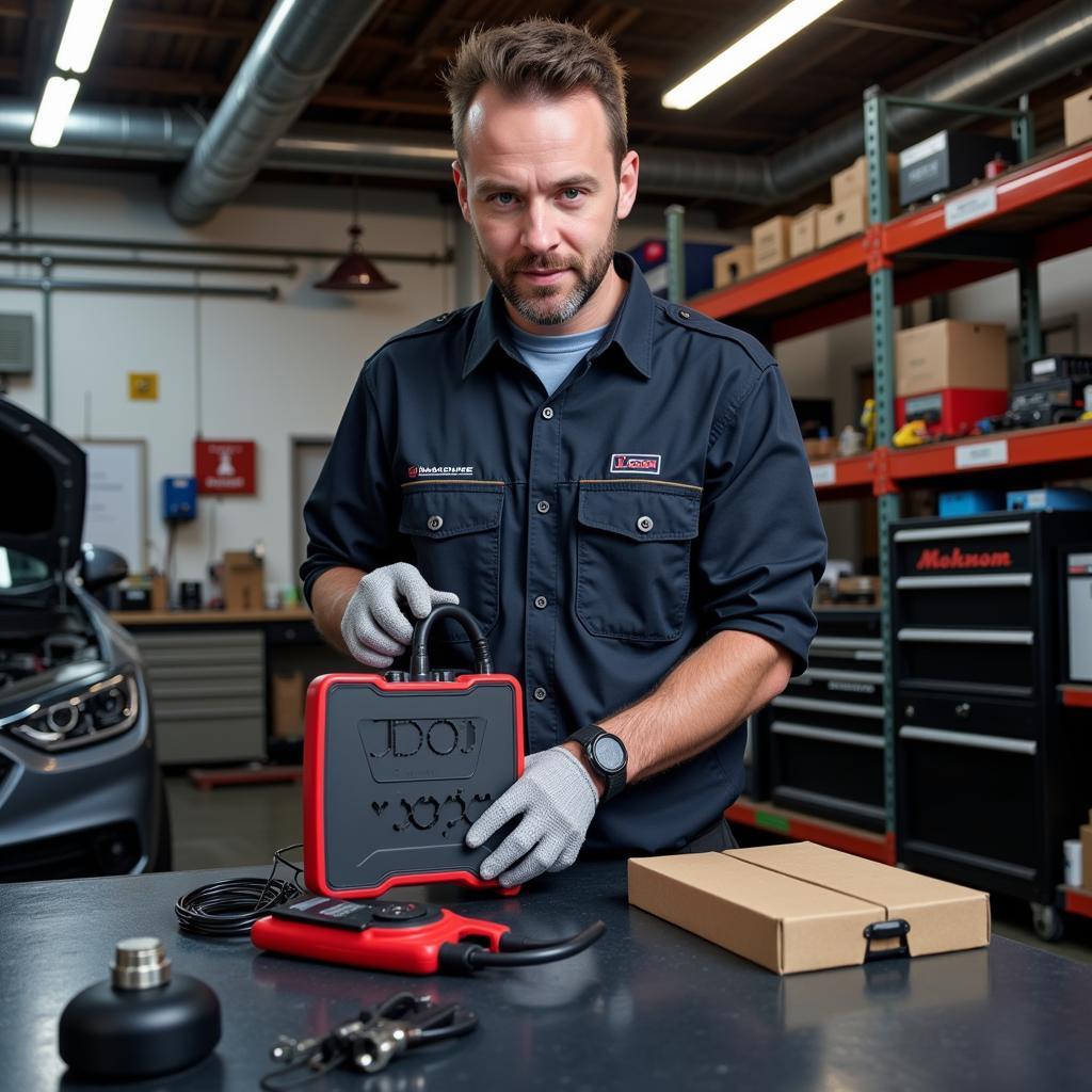 Mercedes 38-Pin Diagnostic Tool in a Workshop Setting