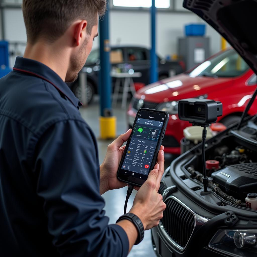 Mechanic using mobile phone for car diagnostics