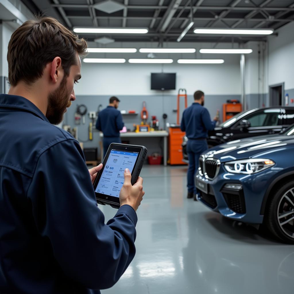 Modern auto repair shop with diagnostic tools