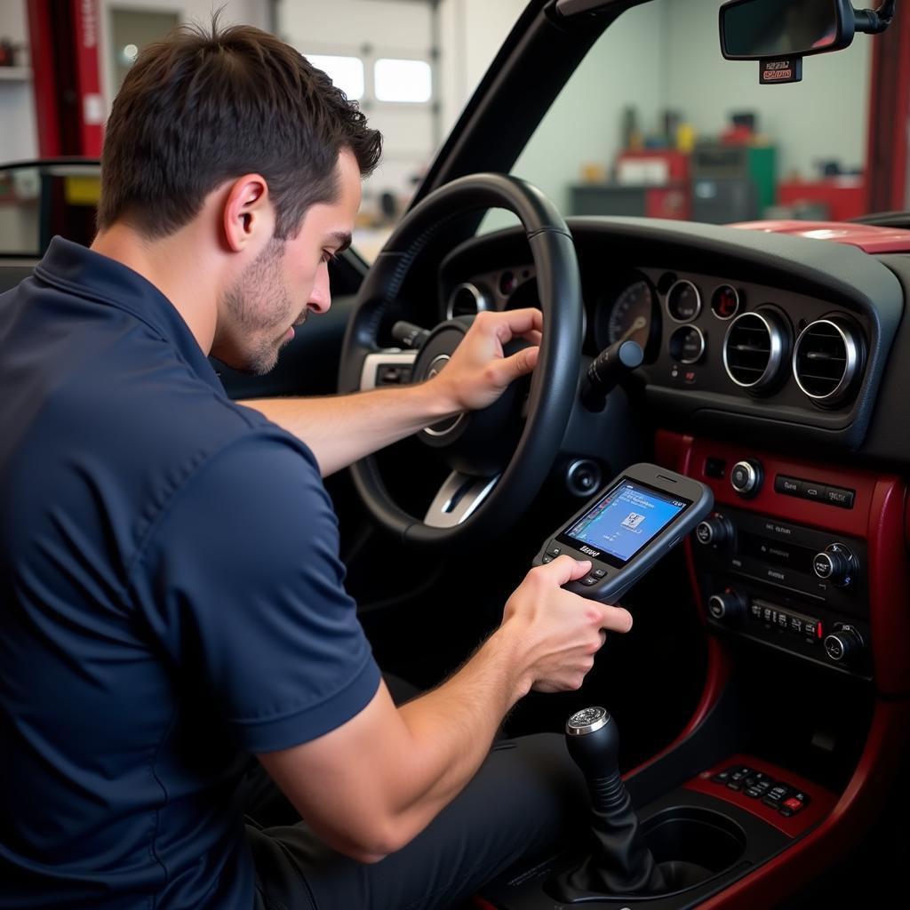 Mechanic using an NA Miata diagnostic tool