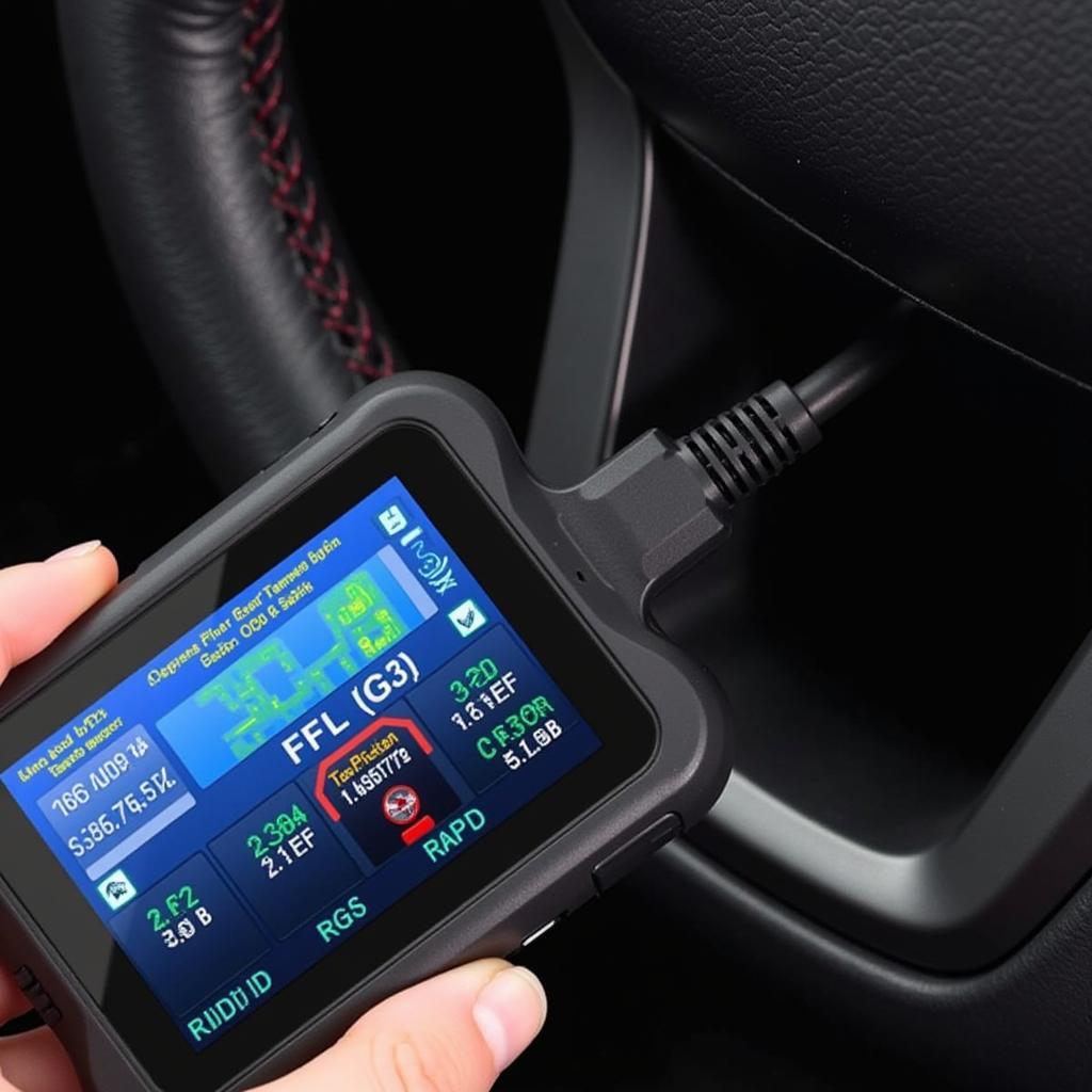 OBD2 scanner displaying live data on a car's dashboard