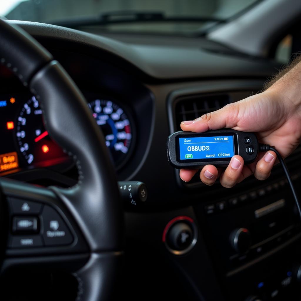 OBD2 scanner plugged into a car's port