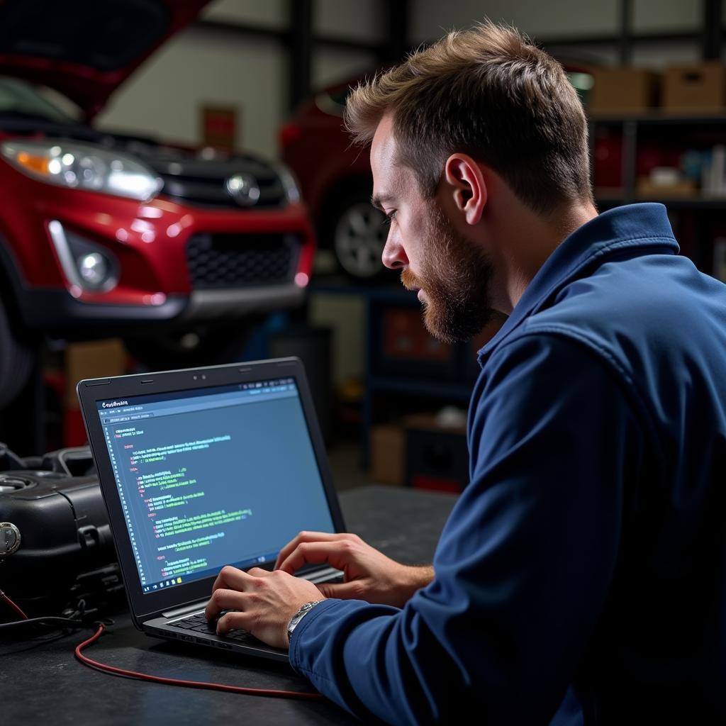 Mechanic looking up DTC codes online