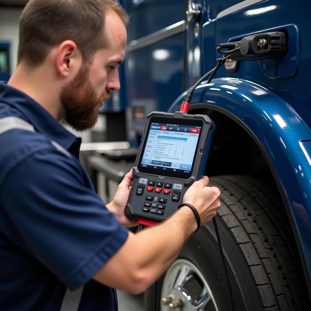 Mechanic using an OTC scan tool to diagnose a heavy-duty truck