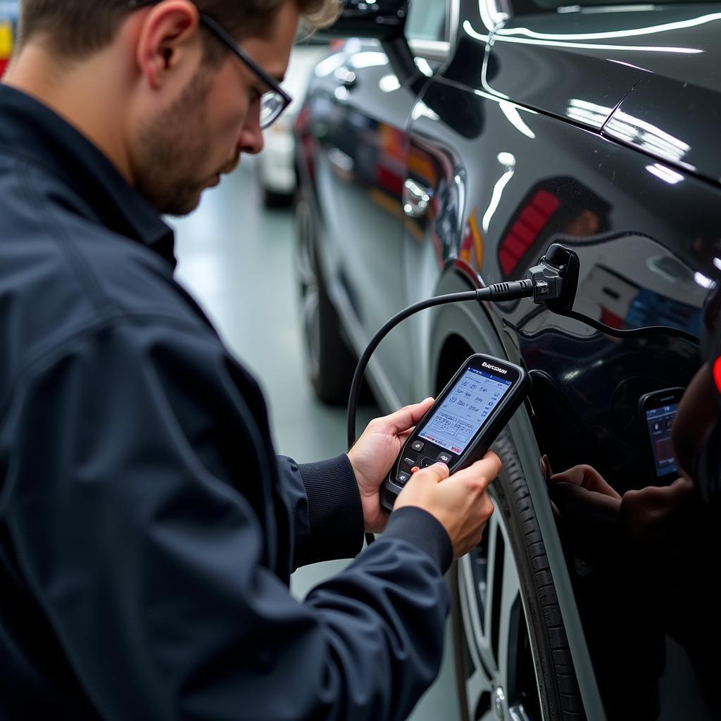 Mechanic using a professional Mercedes scanner